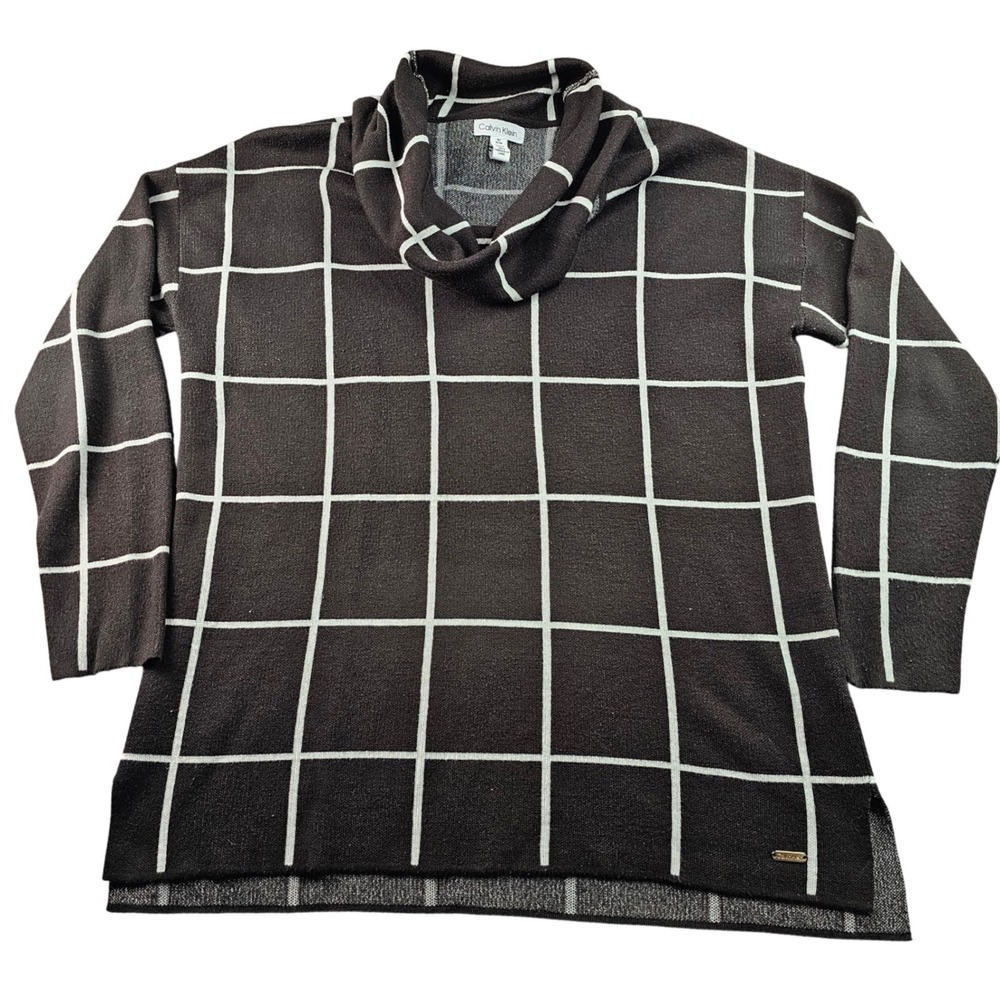 Calvin Klein Sweater Womens Medium Black White Check Knit Long Sleeve Turtleneck